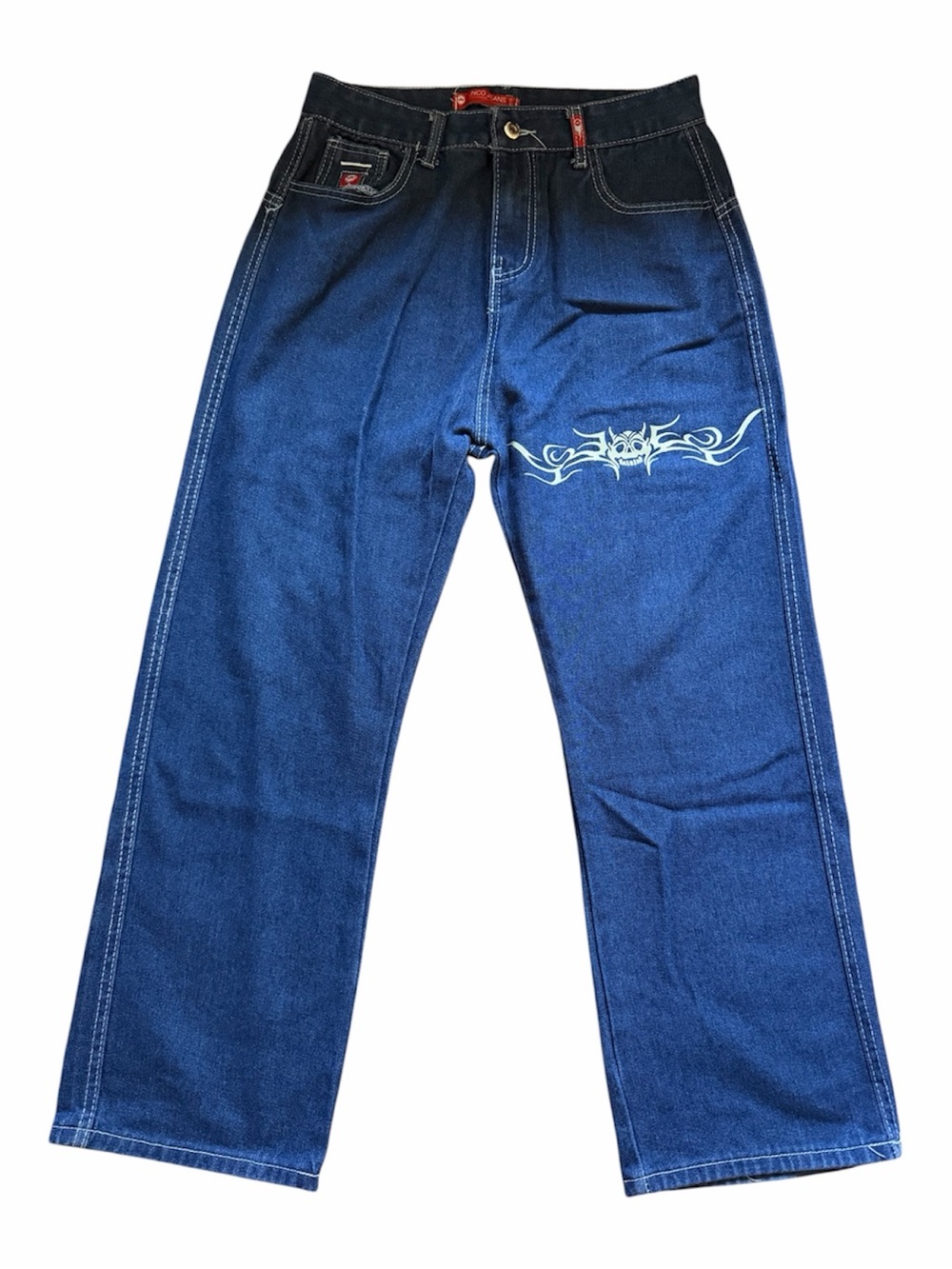 Men's Y2K SK8 Blue Denim Jeans with Tribal Print Large